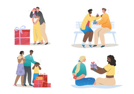 Set of happy smiling people giving and receiving giftsのイラスト素材