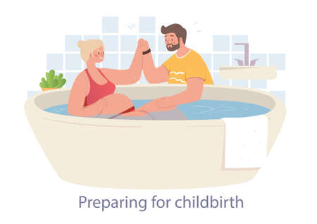 Cheerful husband helps his wife to prepare for childbirthのイラスト素材