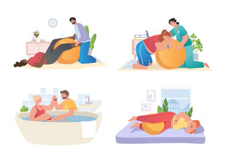 Set with pregnant women preparing for childbirth at hospital and at homeのイラスト素材