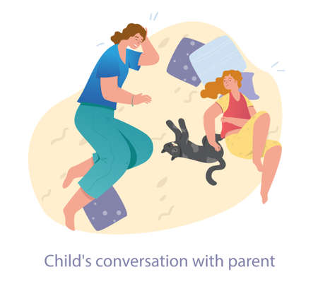 Smiling mother is spending leisure time with her teenager daughter at homeのイラスト素材