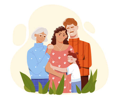 Smiling mother, father, daughter and grandmother are hugging togetherのイラスト素材