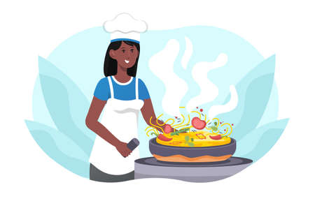 African woman cooking noodlesのイラスト素材