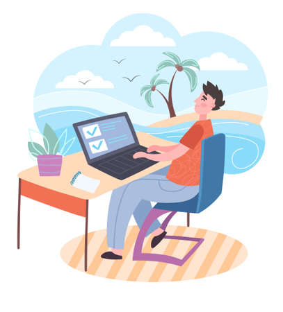 Office employee dreams of vacation at seaのイラスト素材