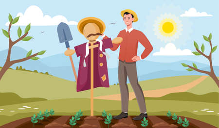 Gardener makes scarecrow conceptのイラスト素材