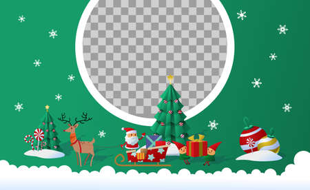 Cute christmas postcard cover with santa claus and friends on christmas train on green backgroundのイラスト素材