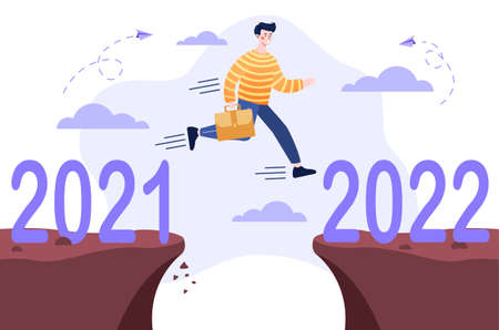Young success businessman is jumping high across two cliffs to change yearのイラスト素材