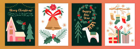 Set of christmas new year winter holiday greeting cards on black and white backgroundのイラスト素材