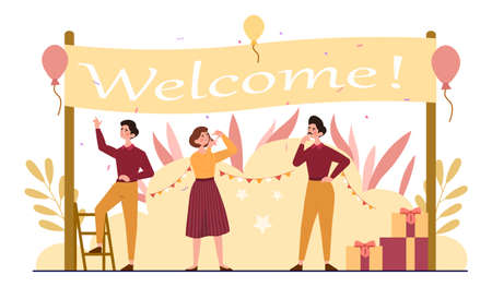 People under welcome bannerのイラスト素材