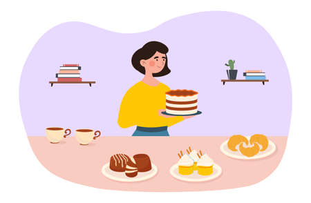 Woman with many desserts