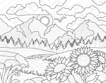 Chamomile and mountains landscape conceptのイラスト素材