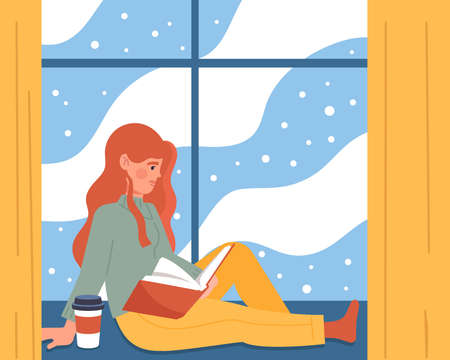 Woman sitting on windowsillのイラスト素材