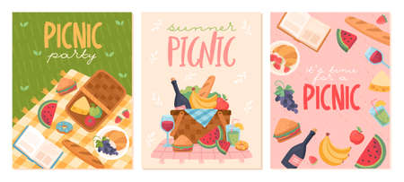 Set of Summer picnic poster. Colorful postcards with vegetable, fruit, drink and tablecloth for lunch in forest or in park. Greeting cards. Cartoon flat vector collection isolated on white backgroundのイラスト素材