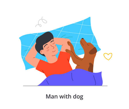 Happy pet owner abstract concept. Young man lying on bed with his cute puppy. Male character sleeps with fluffy dog on soft pillow. Cartoon contemporary flat vector illustration in doodle styleのイラスト素材