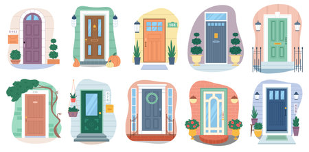 Set of different house entrances and closed doorsのイラスト素材
