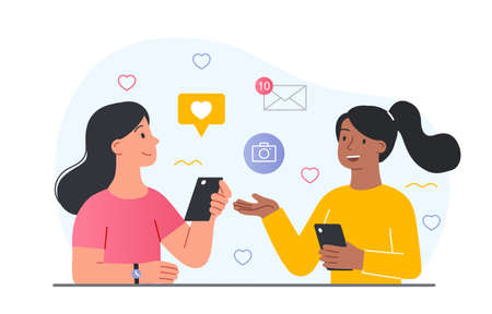 Girls discuss with phoneのイラスト素材