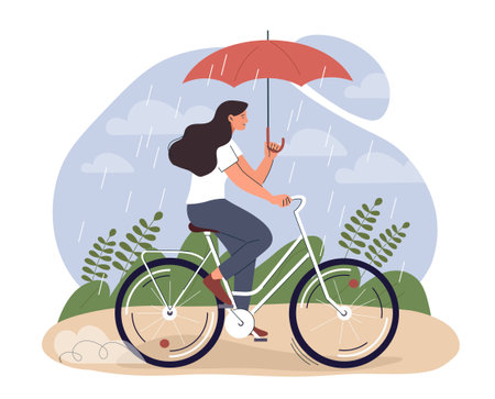 Woman on bicycle under rainのイラスト素材