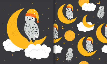 Owl on moon seamless patternのイラスト素材