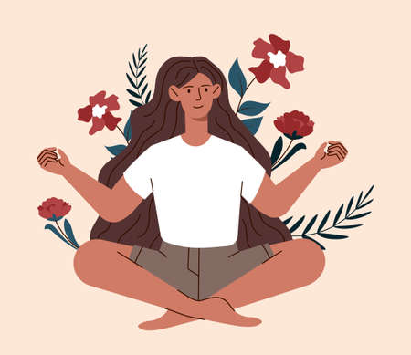 Woman meditating with flowersのイラスト素材