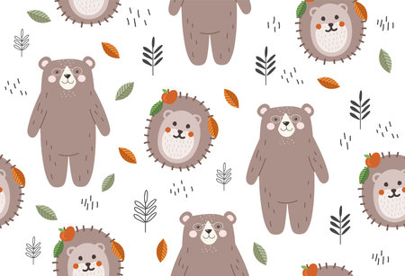 Seamless pattern with bear and hedgehogのイラスト素材