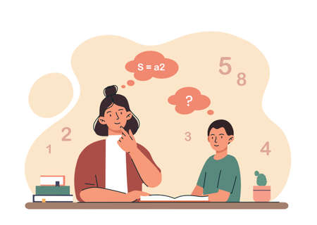 Mom with kid doing homeworkのイラスト素材