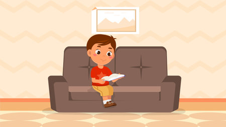 Little boy reading bookのイラスト素材