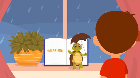 Boy Looking at Rain from Windowのイラスト素材