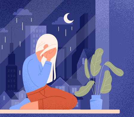 Sad girl at windowのイラスト素材
