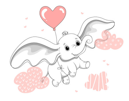 Flying elephant with balloonのイラスト素材