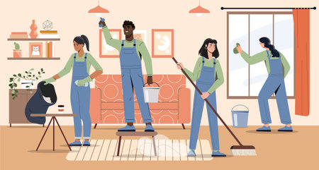 Cleaning team at homeのイラスト素材