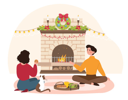Couple at fireplace at winterのイラスト素材