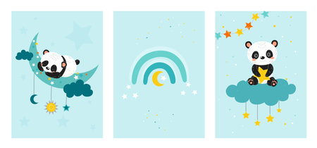 Cute panda posters setのイラスト素材
