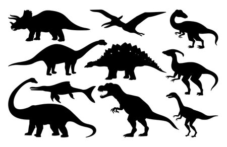 Set of dark silhouettes of different dinosaursのイラスト素材