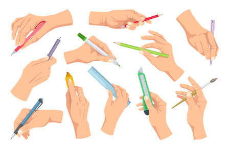 Writing tools in hand setのイラスト素材