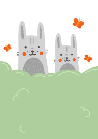 Grey rabbits with butterflies bannerのイラスト素材