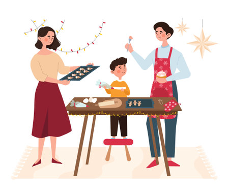Family baking gingerbreadのイラスト素材