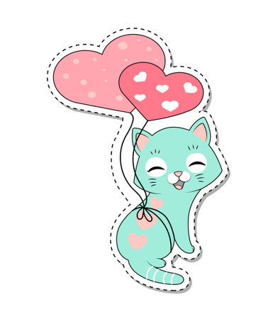Blue kitten with balloonsのイラスト素材