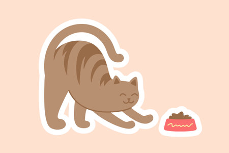 Brown cat with food stickerのイラスト素材