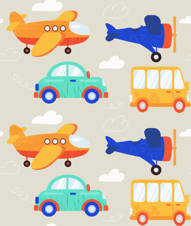 Seamless vector pattern with cartoon transportのイラスト素材