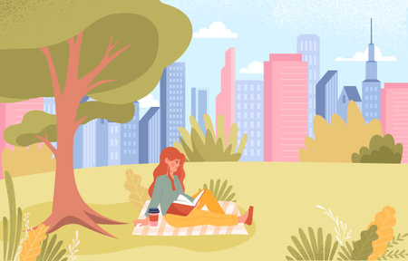 Woman reading book in parkのイラスト素材