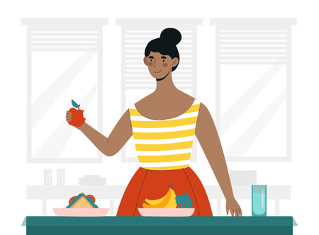 Woman eats fruits at kitchenのイラスト素材