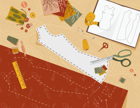 Sewing tools on tableのイラスト素材