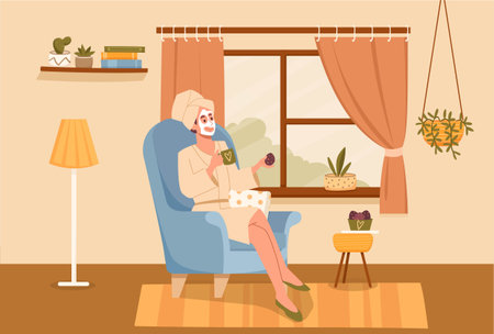 Woman drinks coffee at homeのイラスト素材