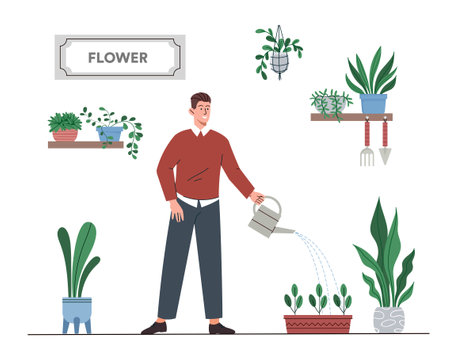 Man watering plantsのイラスト素材