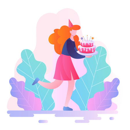 Woman with cake at birthdayのイラスト素材