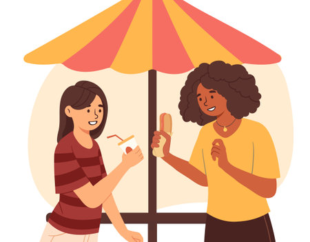 Woman eat hot dog and drink conceptのイラスト素材