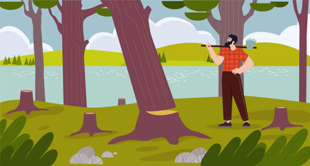 Lumberjack with axe in forest conceptのイラスト素材