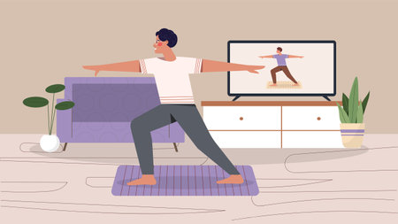 Man practice yoga at home vector conceptのイラスト素材