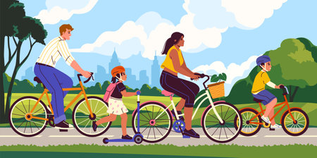 Family rides bike and scooter poster vectorのイラスト素材