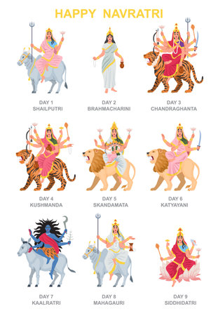 Nine Indian goddesses Devi vector setのイラスト素材