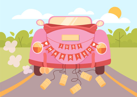 Just married pink car vector conceptのイラスト素材